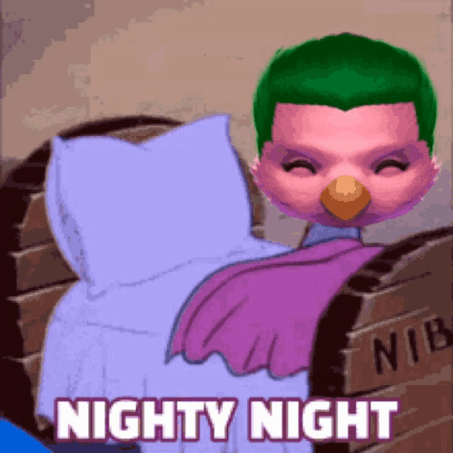 a cartoon character with green hair is laying in a bed with the words nighty night above it