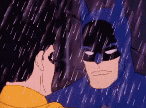 a cartoon of batman and superman standing next to each other in the rain