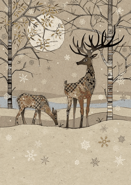 a painting of two deer standing next to each other in the snow