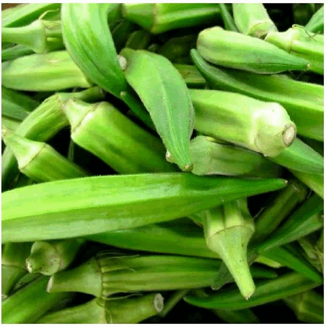 a pile of green okra with a white center