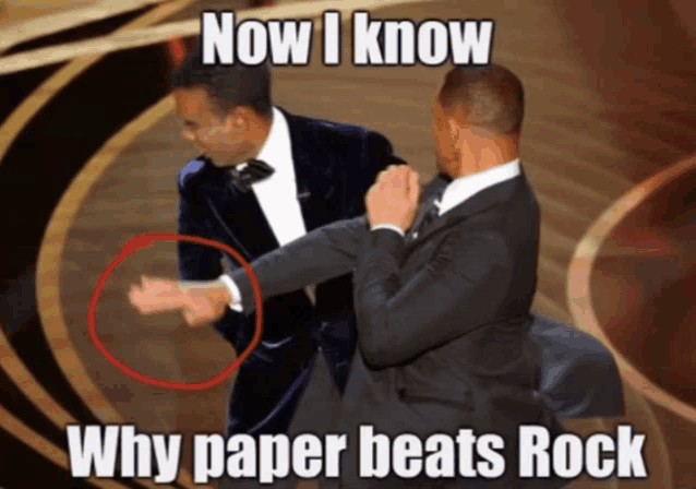 two men in suits are fighting with the caption now i know why paper beats rock on the bottom