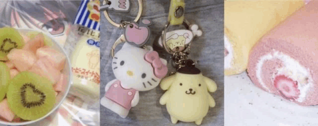 a collage of pictures shows a bowl of kiwi a keychain of hello kitty and a cake roll