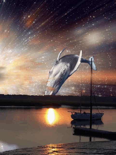 a whale is flying over a body of water near a boat