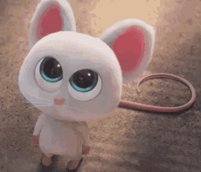 a cartoon mouse with big eyes and a long tail is standing on a concrete surface .