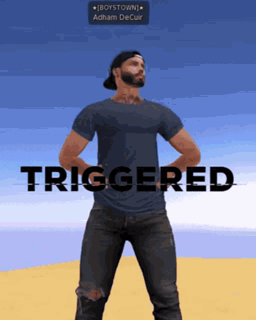 a man in a black shirt is standing in front of a sign that says triggered