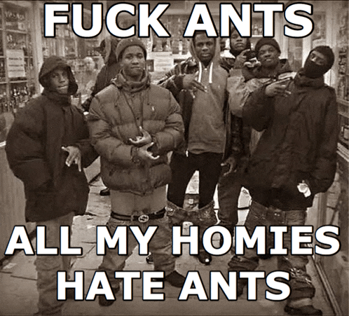 a black and white photo of a group of young men with the caption fuck ants all my homies hate ants