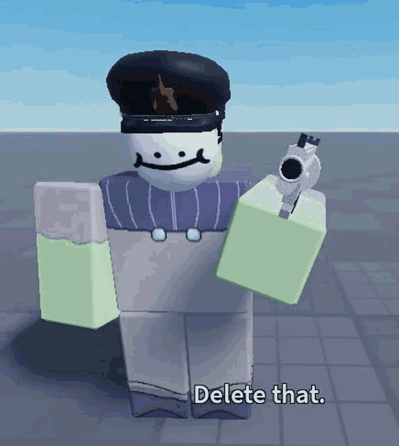 a roblox character is holding a gun and a box in his hand .