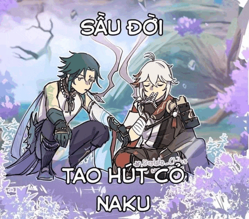 a drawing of two anime characters with the words sao doi tao hut co naku