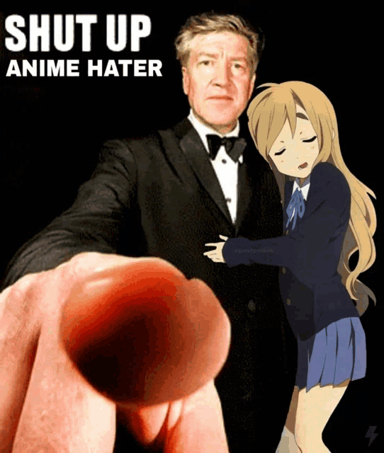 a man in a tuxedo is pointing at a girl with the words shut up anime hater above him