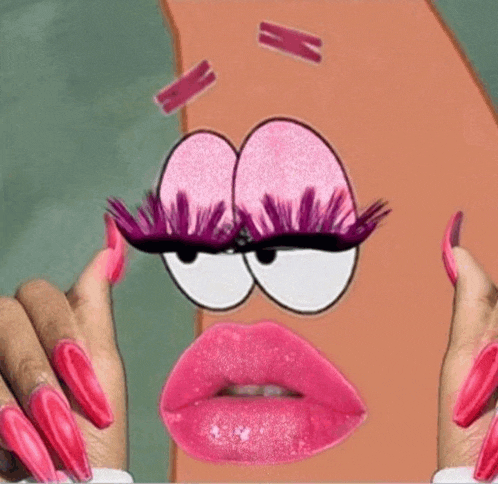 patrick star from spongebob squarepants is wearing pink lipstick and fake eyelashes .