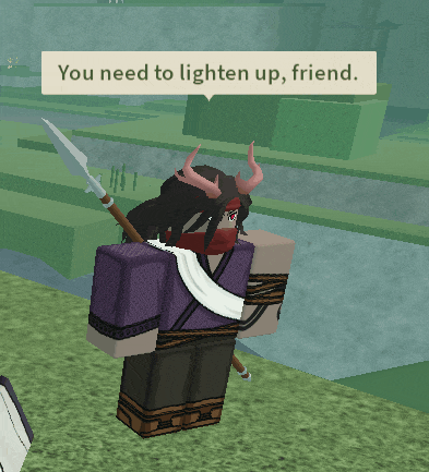 a cartoon character with horns is holding a spear and says " you need to lighten up friend "