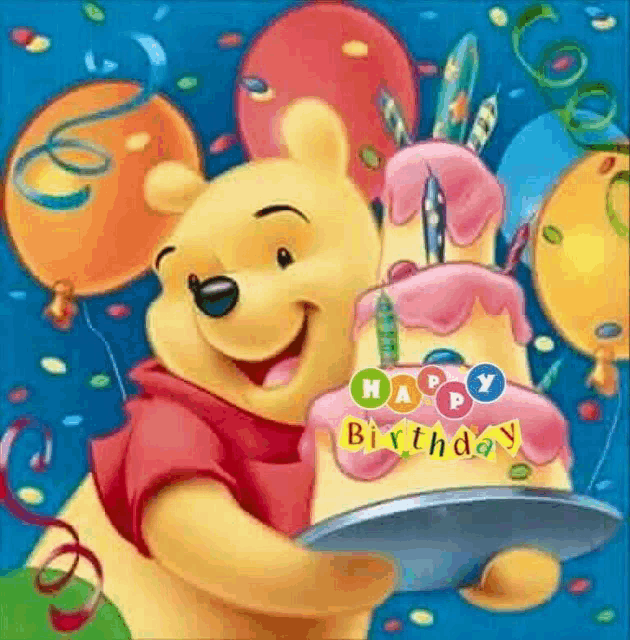 winnie the pooh is holding a birthday cake with candles and balloons in the background .