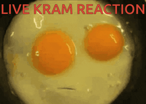 a close up of two eggs with the words live kram reaction above it