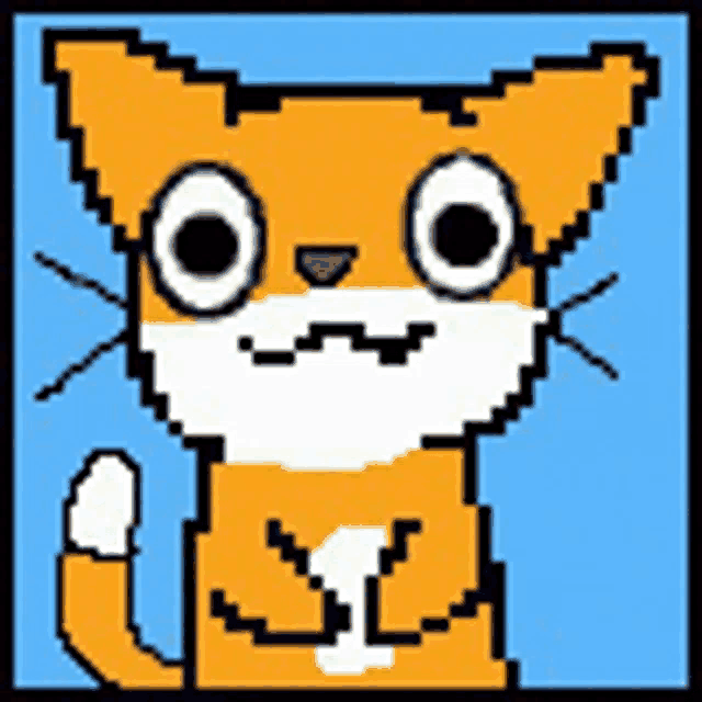 a pixel art drawing of a cat with a blue background .