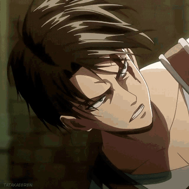 a close up of a man 's face with tatakaeeren written on the bottom right