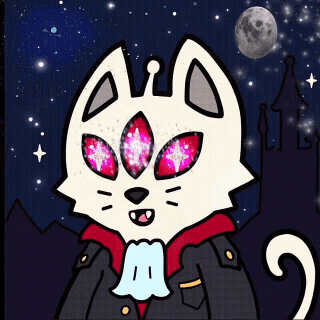 a cartoon drawing of a cat with glowing eyes and the letter m