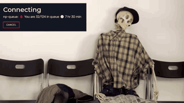 a skeleton in a plaid shirt sits in a waiting room with a connecting button