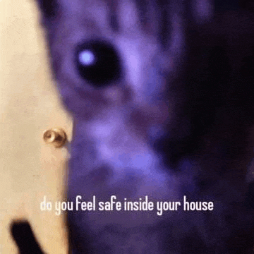 a close up of a cat 's face with the words `` do you feel safe inside your house '' written on it .