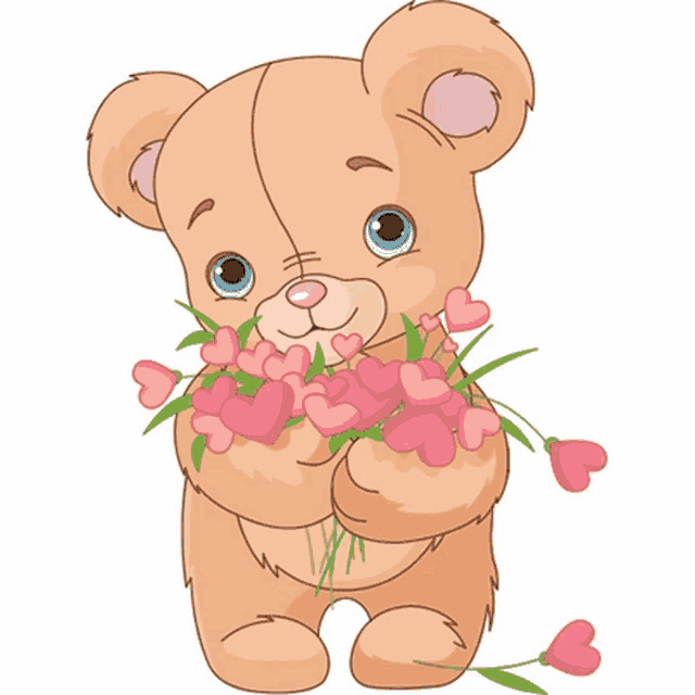 a brown teddy bear is holding a bouquet of pink flowers