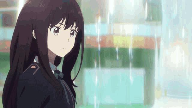 a girl with long black hair is wearing a uniform and standing in the rain