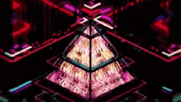 a pyramid shaped object is surrounded by a purple and red background .