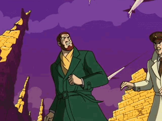 a man in a green coat is standing next to a man in a white suit