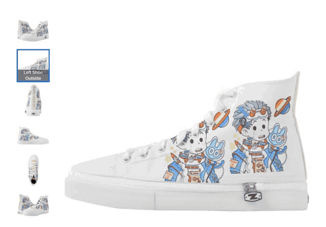 a pair of white high top sneakers with a drawing of a cat on the side