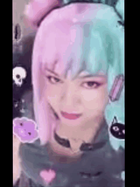 a girl with pink and blue hair is wearing a wig and a choker .