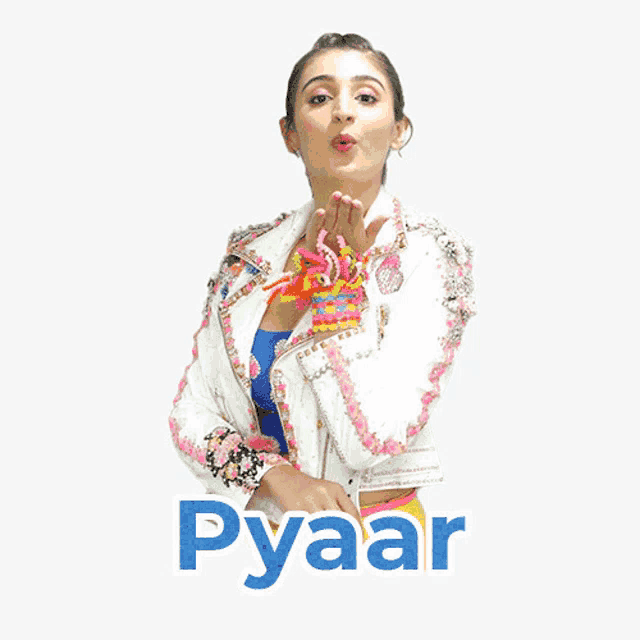 a woman blowing a kiss with the word pyaar in blue