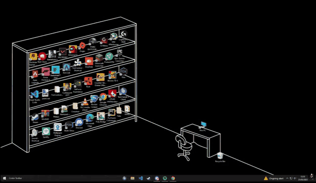 a computer screen with a shelf full of icons and a recycle bin