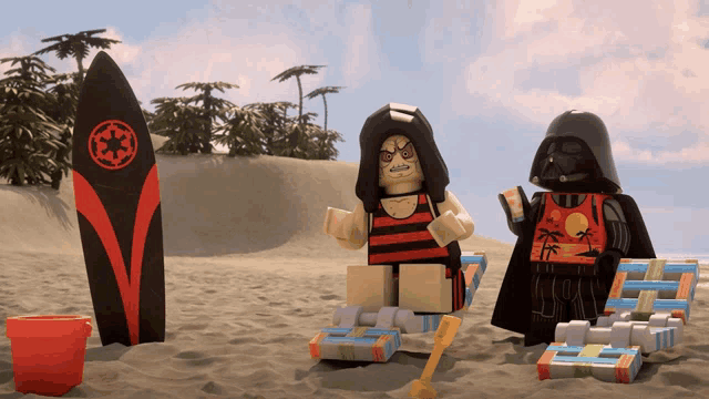 a lego darth vader is sitting on a beach next to a surfboard