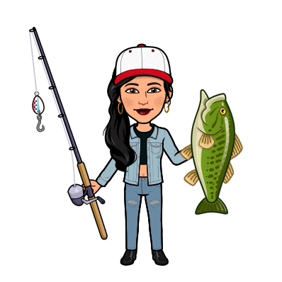 a woman is holding a fishing rod and a fish