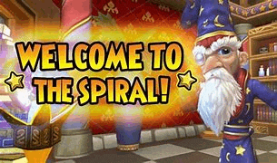 a cartoon wizard is standing in a room with the words `` welcome to the spiral '' .