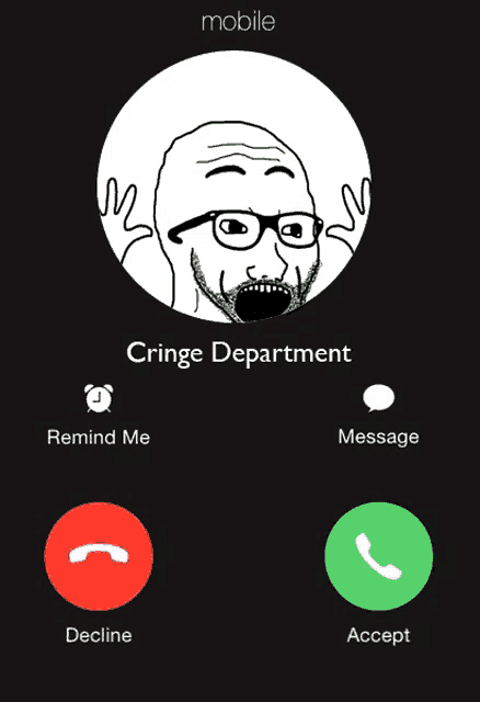 a phone screen shows a man with glasses and a beard talking to the cringe department