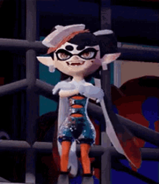 a cartoon character is standing on a railing and looking at the camera .