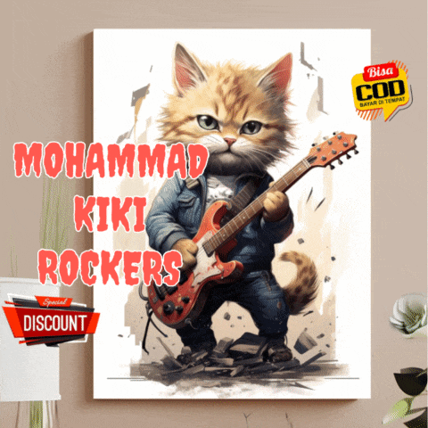 a painting of a cat playing a guitar with the words muhammad kiki rockers above it