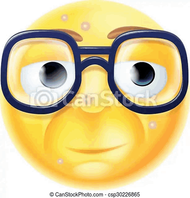 a cartoon smiley face wearing glasses on a white background