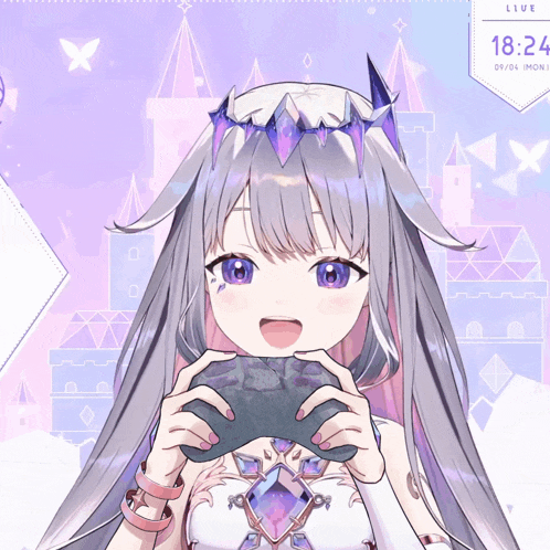 a girl with purple eyes and a crown on her head is holding a video game controller