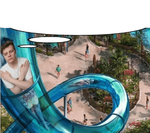 a man is riding down a water slide with a speech bubble above his head