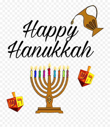 a happy hanukkah greeting card with a menorah , dreidels and a pitcher