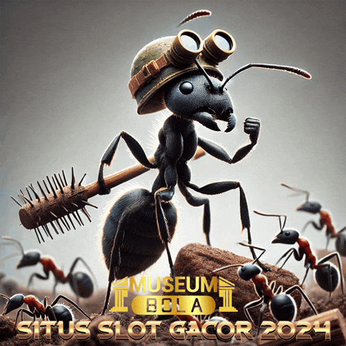 a cartoon ant wearing a helmet and goggles holds a bat and says museum bola situs slot gacor 2024