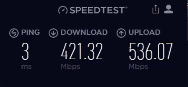 a screen shot of a speedtest shows a download of 421.32 mbps and upload of 536.07 mbps