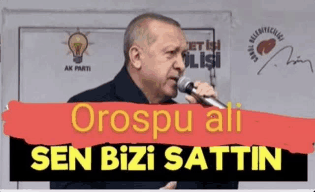 a man is singing into a microphone with the words orospu ali sen bizi sattin on the bottom