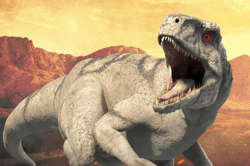 a t-rex with its mouth open and red eyes