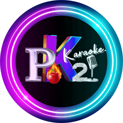 a logo for pk karaoke 21 with a microphone and an apple