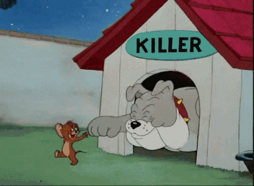a cartoon of jerry and a dog in a doghouse with a sign that says " killer "