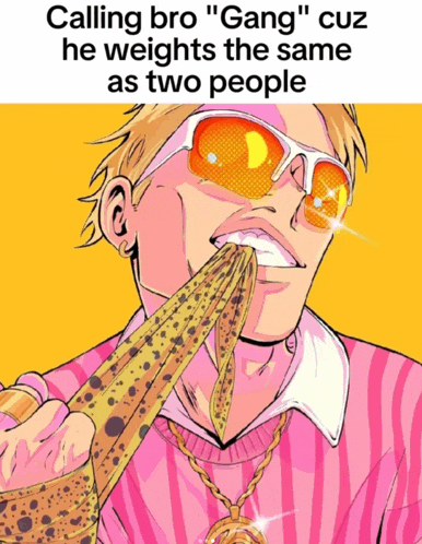 a cartoon of a man wearing sunglasses and a pink shirt eating a banana .