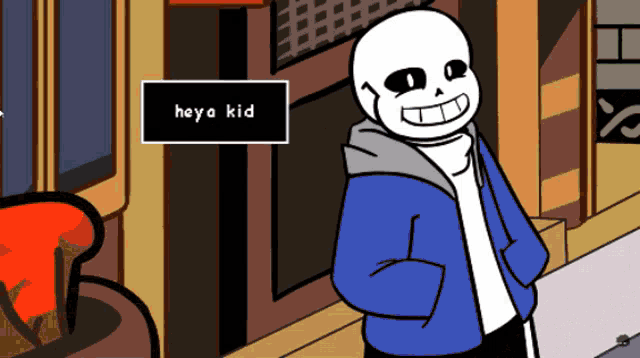 a cartoon character with a sign that says heya kid above him