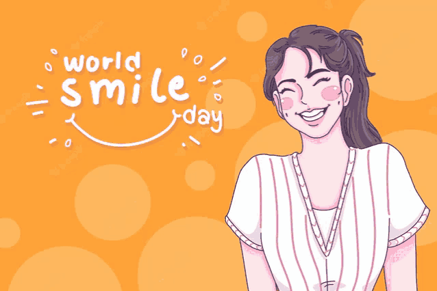 a woman is smiling in front of a sign that says " world smile day "