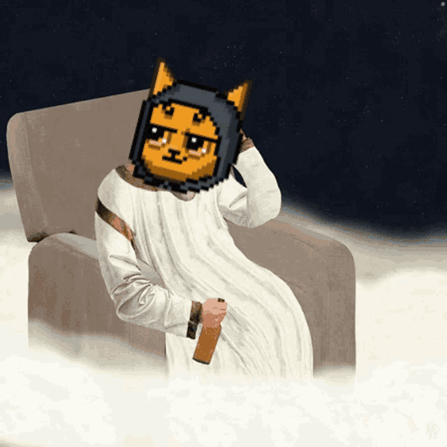 a pixel art of a person sitting in a chair with a cat on their face